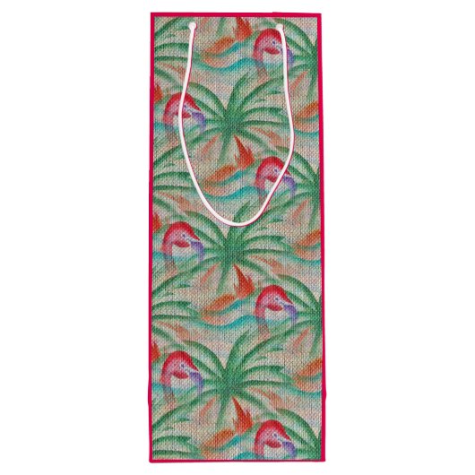 Flamingo Palm Tree Burlap Kijk uit Wijn Cadeautas (Achterkant)
