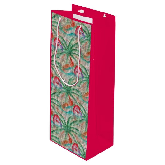 Flamingo Palm Tree Burlap Kijk uit Wijn Cadeautas (Voorkant Gekanteld)