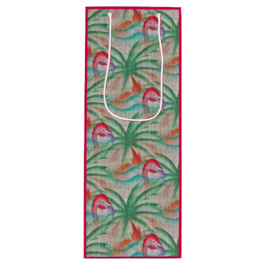 Flamingo Palm Tree Burlap Kijk uit Wijn Cadeautas (Voorkant)