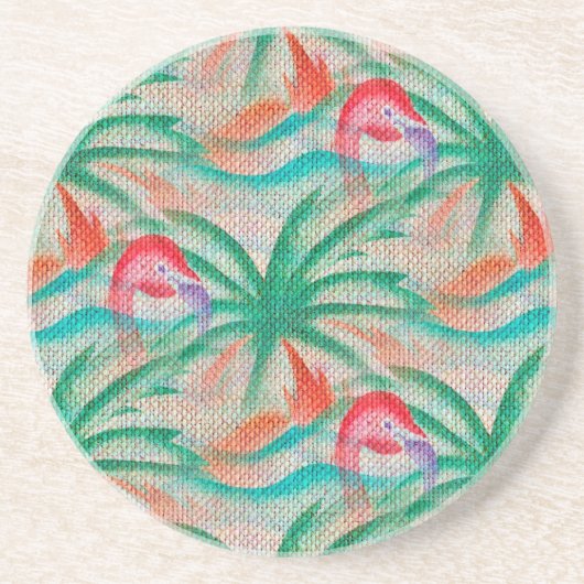 Flamingo Palm Tree Burlap Kijk uit Zandsteen Onderzetter (Voorkant)