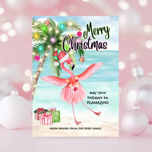 Flamingo Palm Tree Tropical Beach Kerstmis Feestdagenkaart