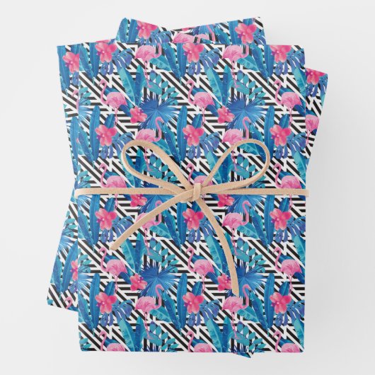 Flamingo & Palms op Geometrisch Patroon Inpakpapier Vel (In situ)