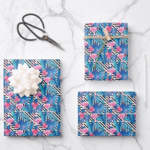 Flamingo & Palms op Geometrisch Patroon Inpakpapier Vel