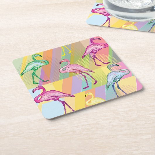 Flamingo Parade Vierkante Kartonnen Onderzetter (Schuin)