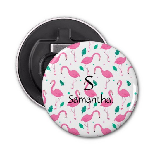 Flamingo patroon Monogram en Naam Aangepast Button Flesopener (Voorkant)