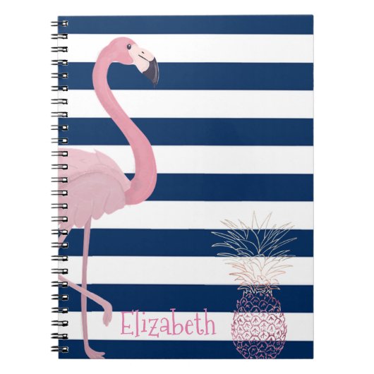 Flamingo, Pineapple Navy Blue Stripes-Personalized Notitieboek (Voorkant)