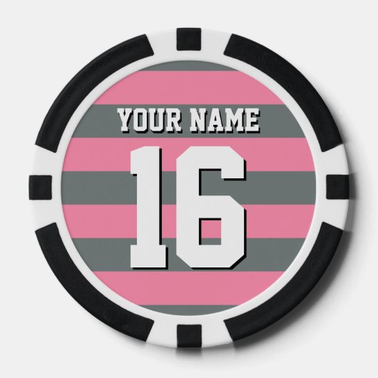 Flamingo Pink Charcoal Team Jersey Preppy Stripe Poker Chips (Voorkant)