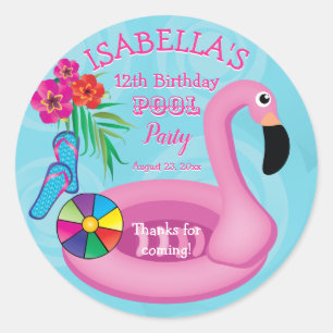 Flamingo Pink Floral 12th Birthday Pool Party Ronde Sticker