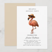 Flamingo Pink Flowers Birthday Party Invitation (Devant / Derrière)