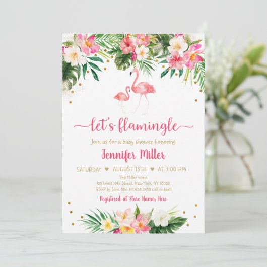 Flamingo Pink Gold Tropical Florence Baby shower Kaart (Staand voorkant)
