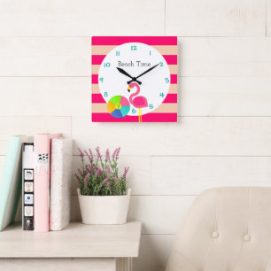 Flamingo Pink Stripe Personalized Wall Clock Vierkante Klok