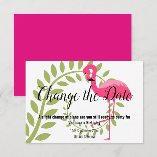FLAMINGO PINK VERANDERT DE DATUM White RSVP Card Kaartje (Voorkant / Achterkant)