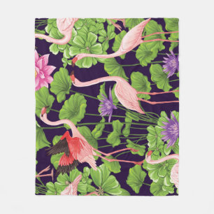 Flamingo, planten, zwarte achtergrond. fleece deken