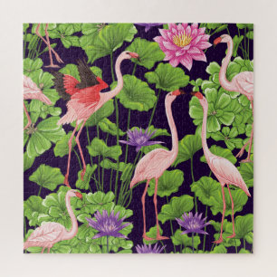 Flamingo, planten, zwarte achtergrond. legpuzzel