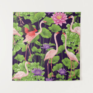 Flamingo, planten, zwarte achtergrond. wandkleed