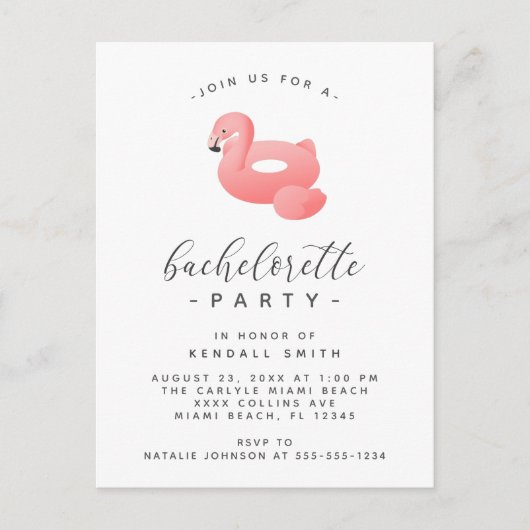 Flamingo Pool Float Minimal Bachelorette Party Briefkaart (Voorkant)