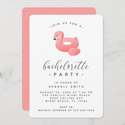 Flamingo Pool Float Minimal Bachelorette Party Kaart (Voorkant / Achterkant)