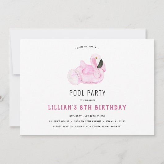 Flamingo Pool Party Birthday Invitation Kaart (Voorkant)
