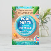 Flamingo Pool Party Birthday Invitation Kaart (Staand voorkant)