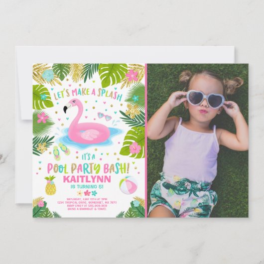 Flamingo Pool Party Invitation Tropical Flamingo Kaart (Voorkant)