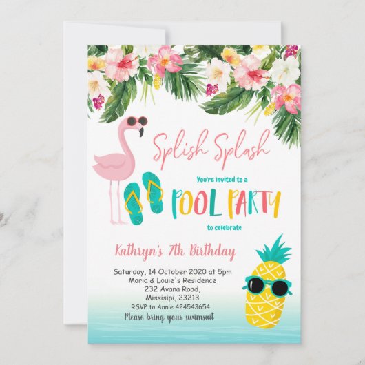 Flamingo Pool Party Zomer Verjaardagsfeest Kaart (Voorkant)