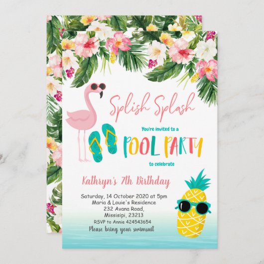 Flamingo Pool Party Zomer Verjaardagsfeest Kaart (Voorkant / Achterkant)