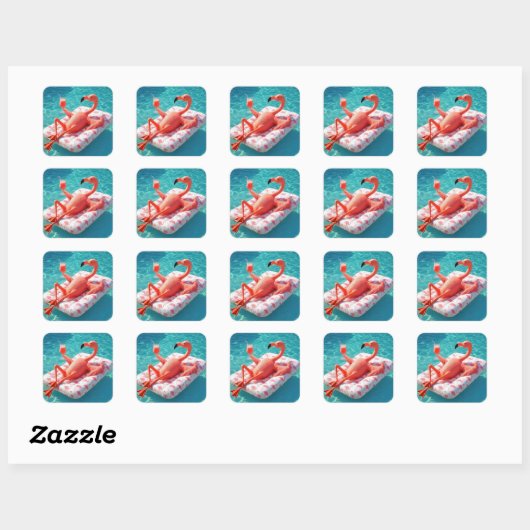 Flamingo Relaxing On a Pool Mattress Vierkante Sticker (Vel)