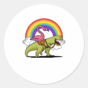 Flamingo Riding Dinosaur T-Shirt Ronde Sticker