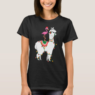 Flamingo Riding Llama Lights Santa Kerstpaja T-shirt
