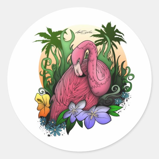 Flamingo Ronde Sticker (Voorkant)