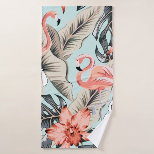 Flamingo rose tropicale avec fleurs d'orchidées et (Serviette de bain)