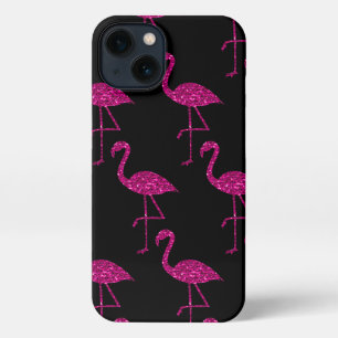 Flamingo roze glitterspikkels patroon zwart iPhone 13 hoesje