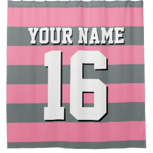 Flamingo Roze Houtskool Sport Jersey Preppy Stripe Douchegordijn