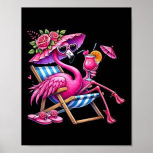 Flamingo Roze Palmboom Tropisch Strand Zomer Vakan Poster