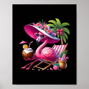 Flamingo Roze Palmboom Tropisch Strand Zomer Vakan Poster
