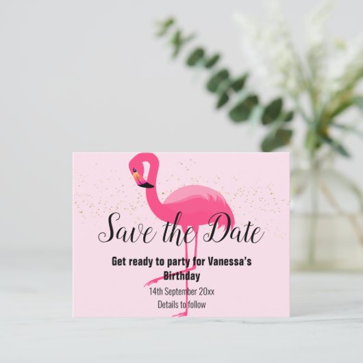 FLAMINGO Roze Sla de datum op Aankondigingskaart (Staand voorkant)