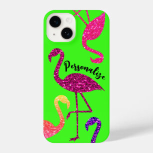 Flamingo roze sparkles Personaliseer neon groen iPhone 14 Hoesje