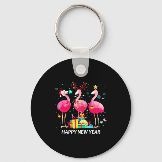 Flamingo Santa Hat Happy New Year Light Long Sleev Sleutelhanger (Voorkant)