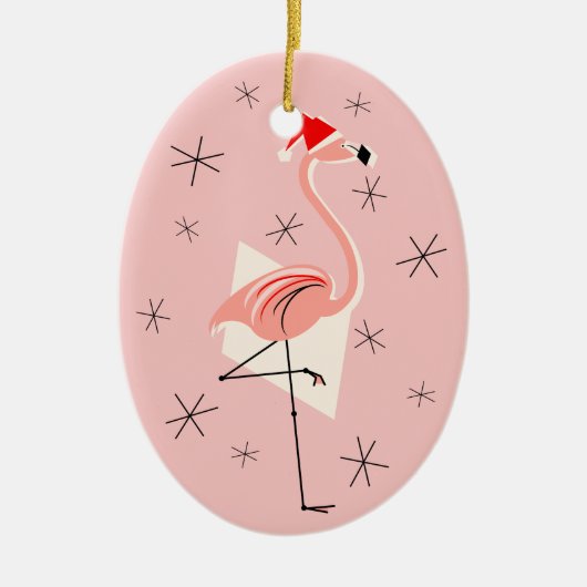 Flamingo Santa Pink Text ornament oval (Voorkant)