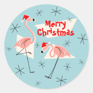 Flamingo Santas Blue Merry sticker round