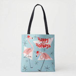 Flamingo Santas Blue Prettige feestdagen overal Draagtas