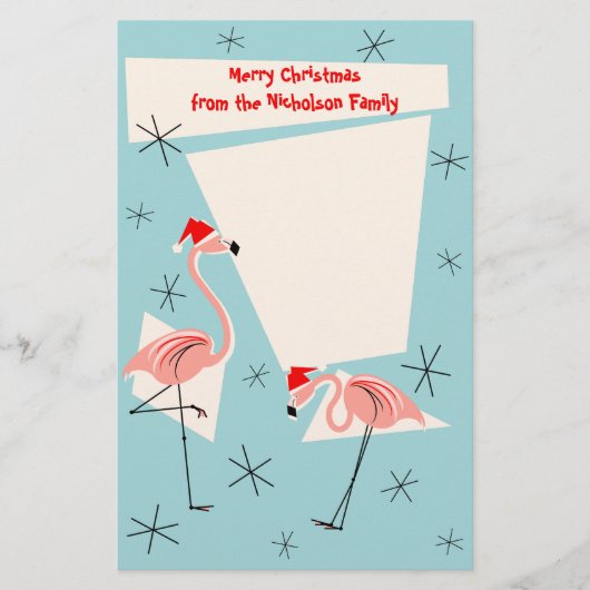 Flamingo Santas Blue Text Briefpapier (Voorkant)
