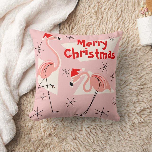 Flamingo Santas Pink Merry Kerstvierkant Kussen (Deken)