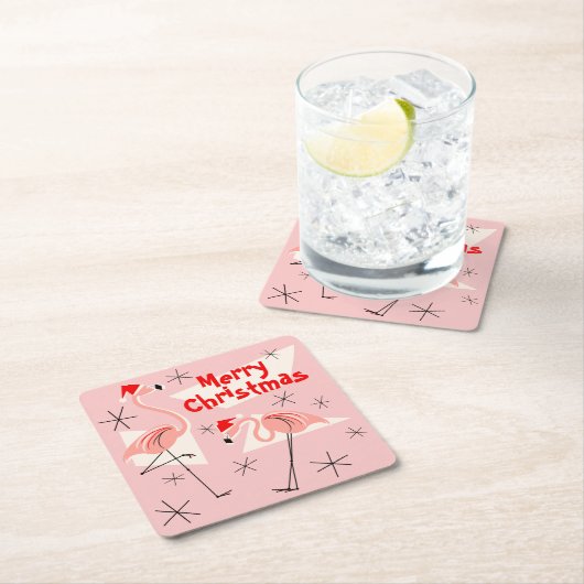 Flamingo Santas Pink Merry Kerstvierkant Vierkante Kartonnen Onderzetter (Insitu)