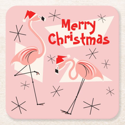 Flamingo Santas Pink Merry Kerstvierkant Vierkante Kartonnen Onderzetter (Voorkant)