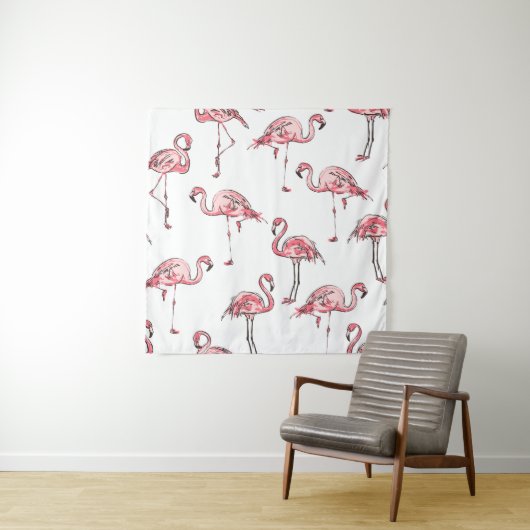 Flamingo schets: Tropisch patroon. Wandkleed (In situ)