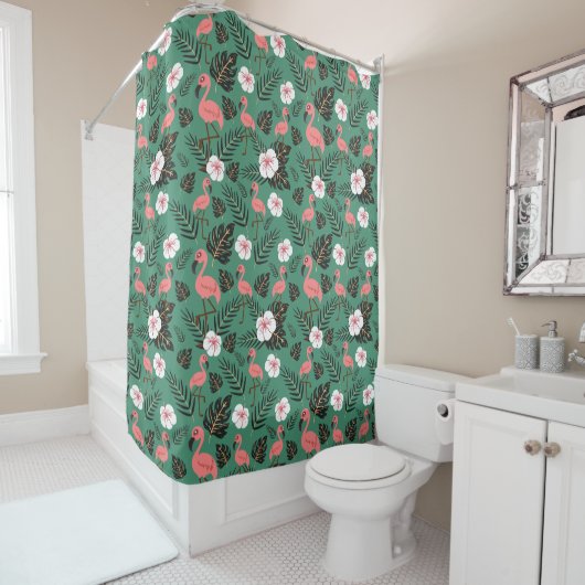 Flamingo seamless pattern pink on green background douchegordijn (In situ)