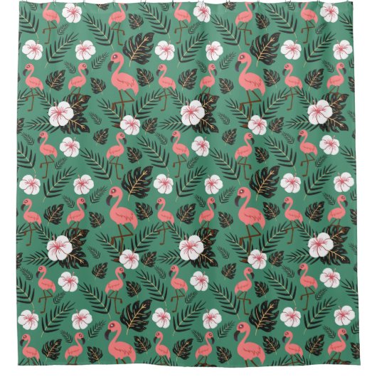 Flamingo seamless pattern pink on green background douchegordijn (Voorkant)