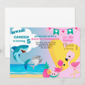 Flamingo & shark siblings verjaardaguitnodiging. kaart (Voorkant / Achterkant)