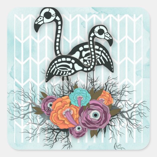 Flamingo Skeleton Halloween Compositie Vierkante Sticker (Voorkant)